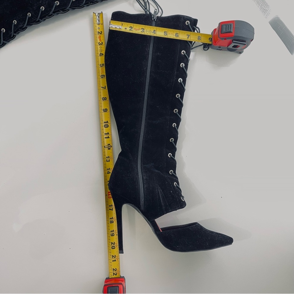 SHOE REPUBLIC LA boots BLACK lace up open front tall knee high velvet boot 8.5 - Picture 5 of 8